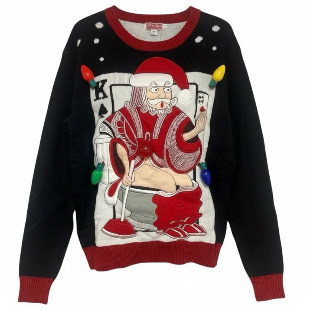 Ugly Christmas Sweater Black and Red Santa Crewneck - Picture 1 of 10